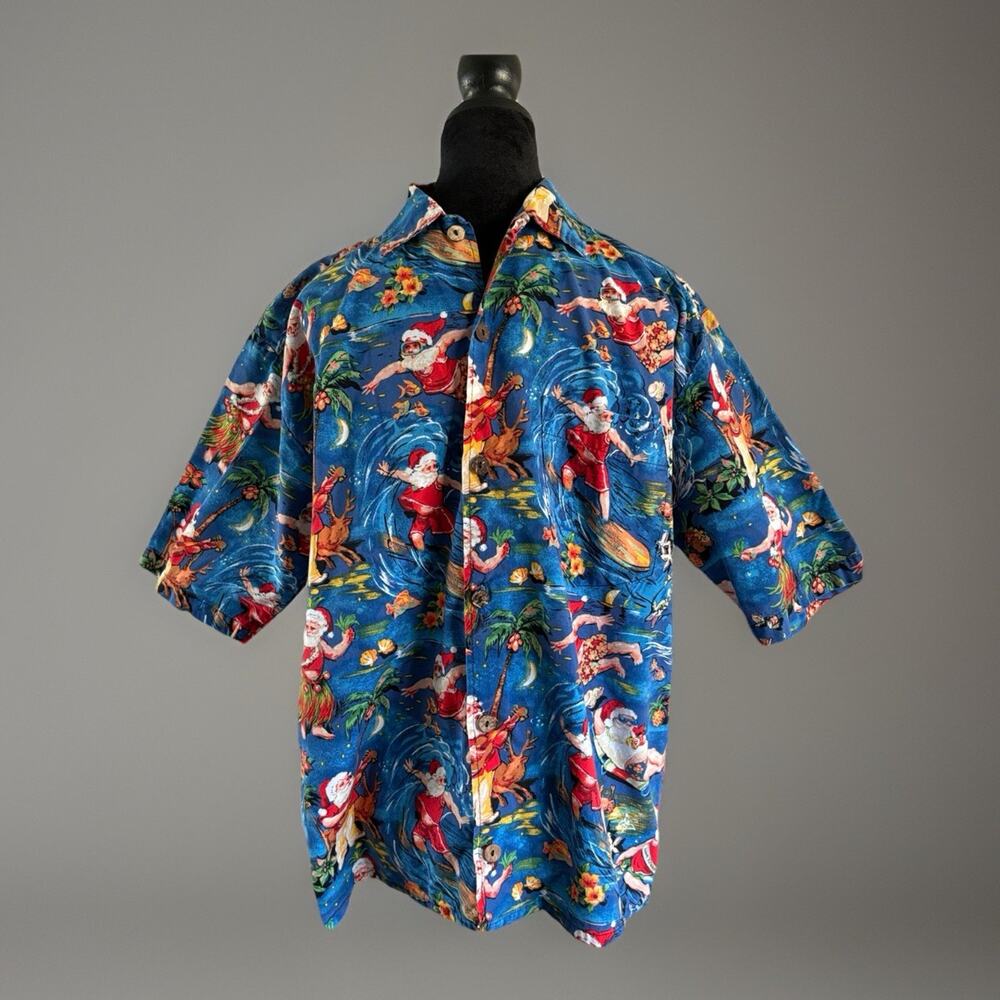 VTG Yo Wear Hawaiian Shirt - M Santa Christmas in July, Cotton Summer Vacation